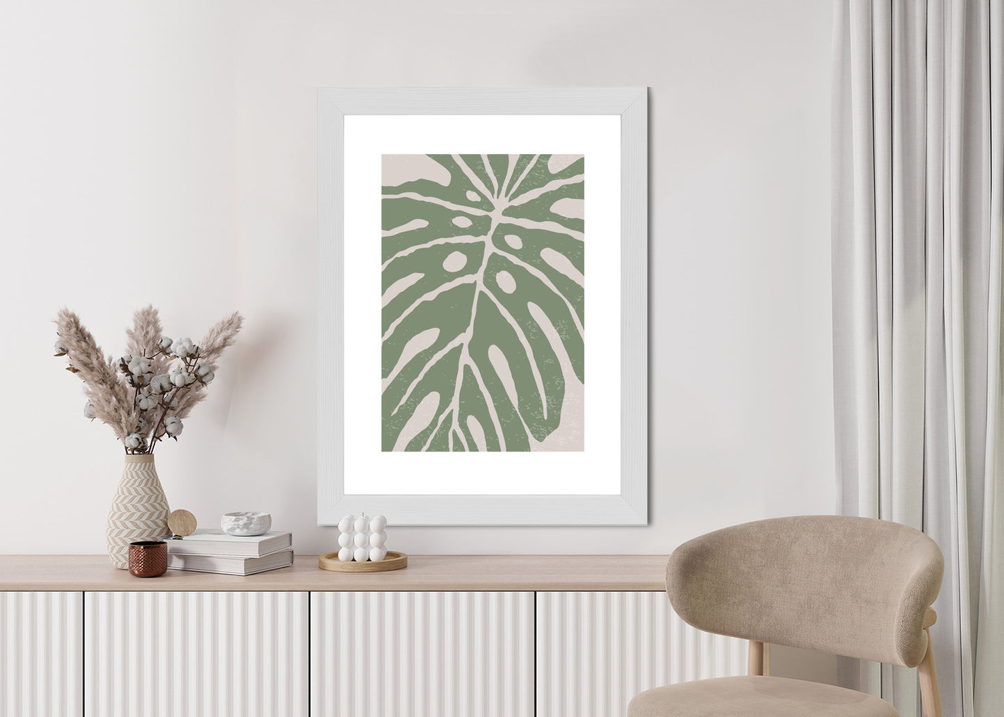 Poster Grünes Monstera-Blatt Rahmen Holz Mit Passepartout Farbe Natürlich