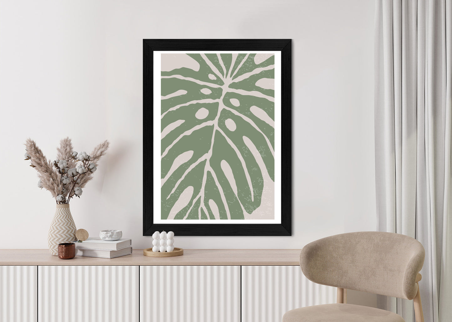 Poster Grünes Monstera-Blatt Rahmen Holz Mit Passepartout Farbe Natürlich