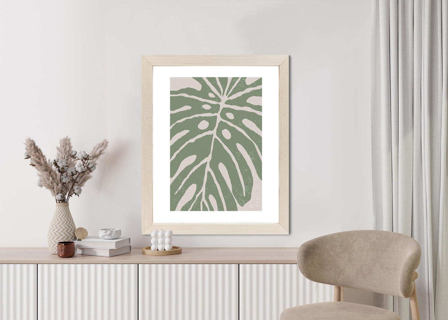 Poster Grünes Monstera-Blatt Rahmen Holz Mit Passepartout Farbe Natürlich