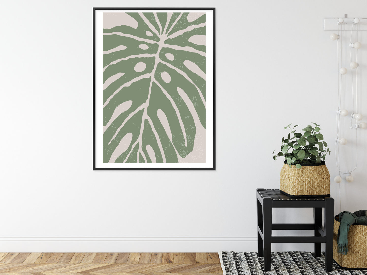 Poster Grünes Monstera-Blatt Rahmen Holz Mit Passepartout Farbe Natürlich