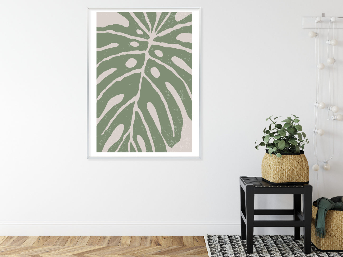 Poster Grünes Monstera-Blatt Rahmen Holz Mit Passepartout Farbe Natürlich