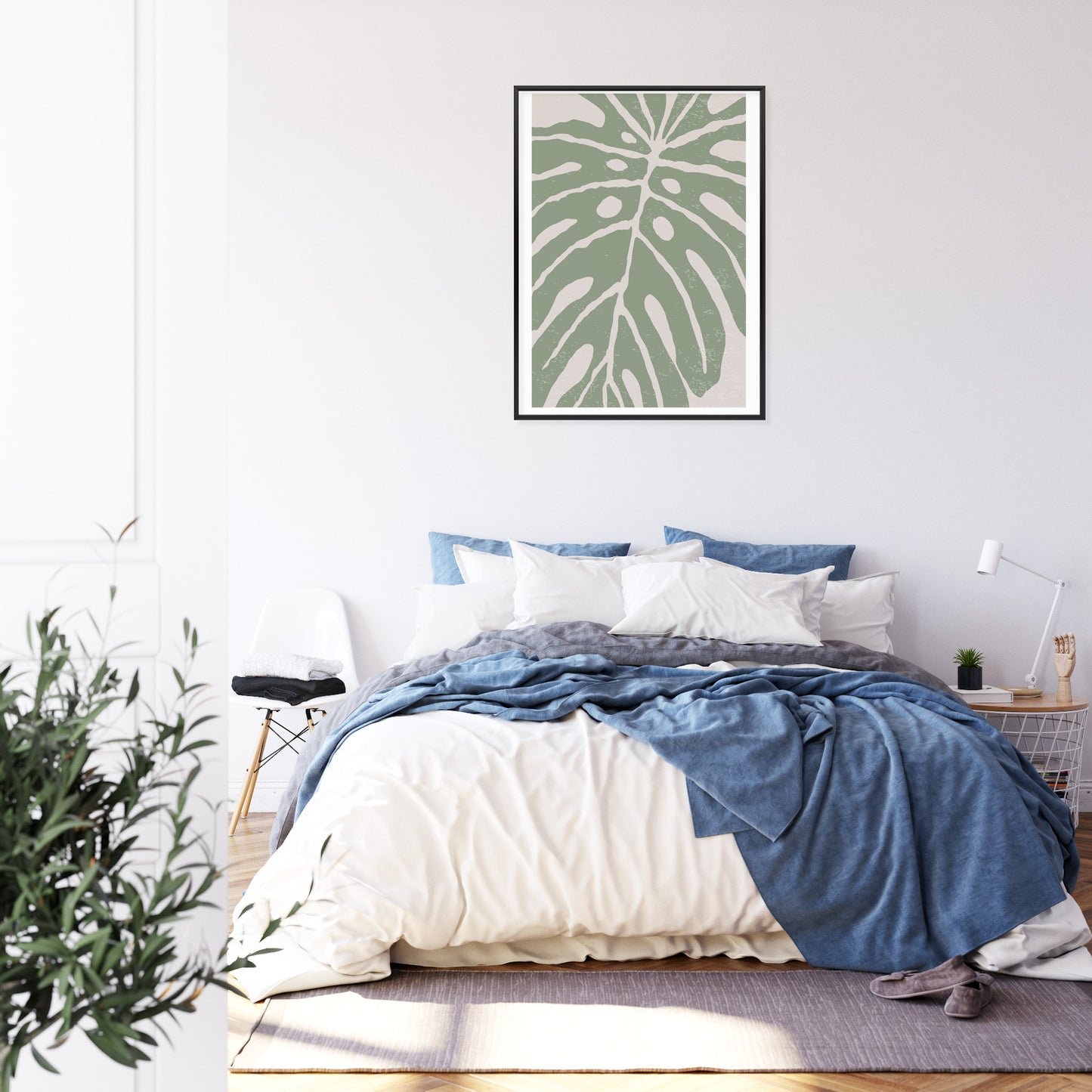 Poster Grünes Monstera-Blatt Rahmen Holz Mit Passepartout Farbe Natürlich
