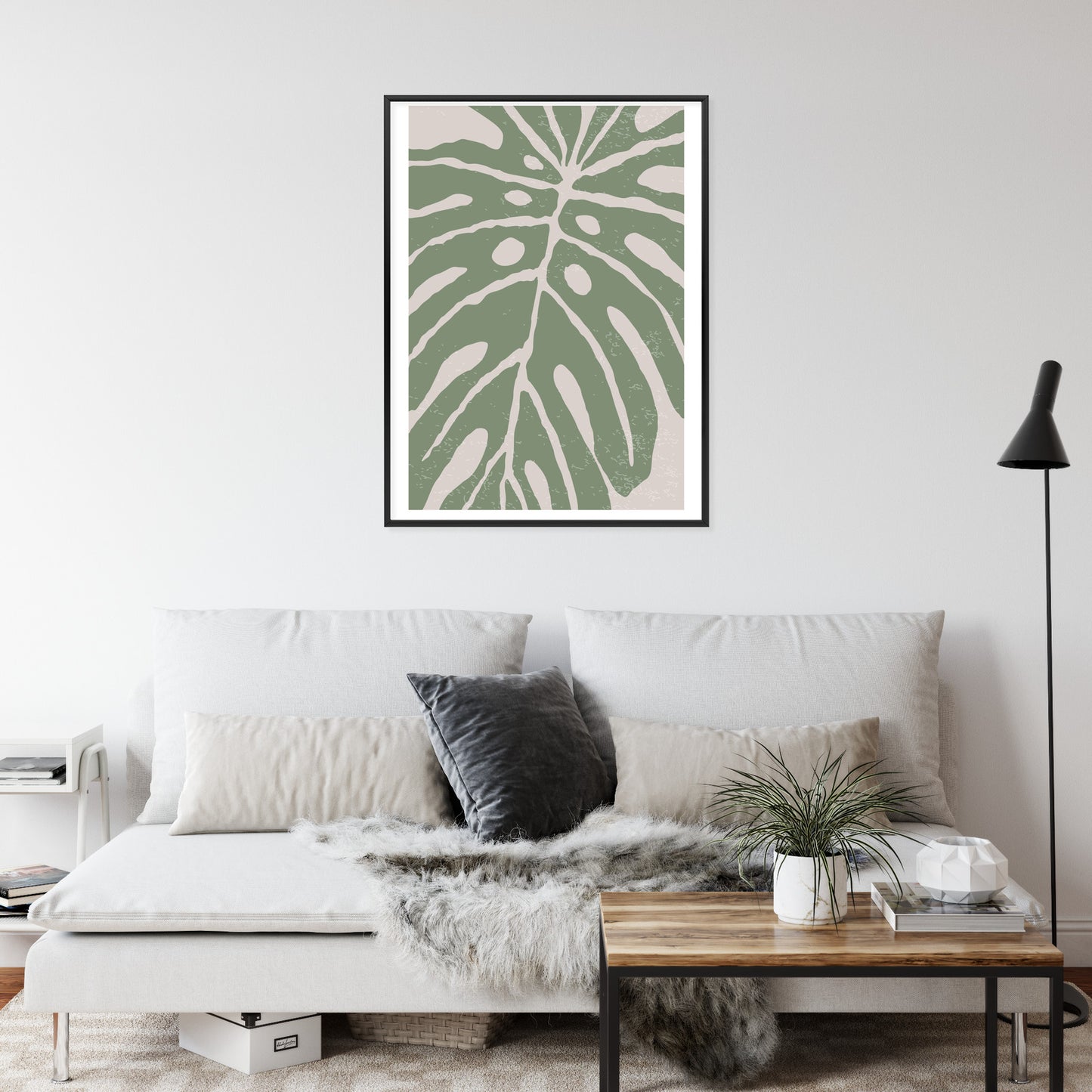 Poster Grünes Monstera-Blatt Rahmen Holz Mit Passepartout Farbe Natürlich