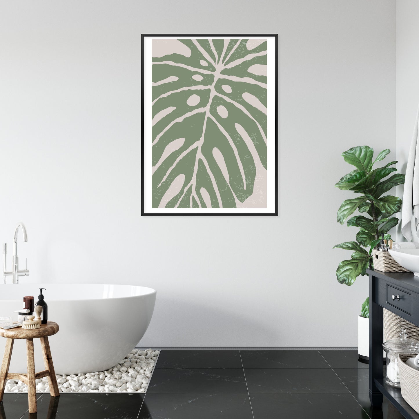 Poster Grünes Monstera-Blatt Rahmen Holz Mit Passepartout Farbe Natürlich