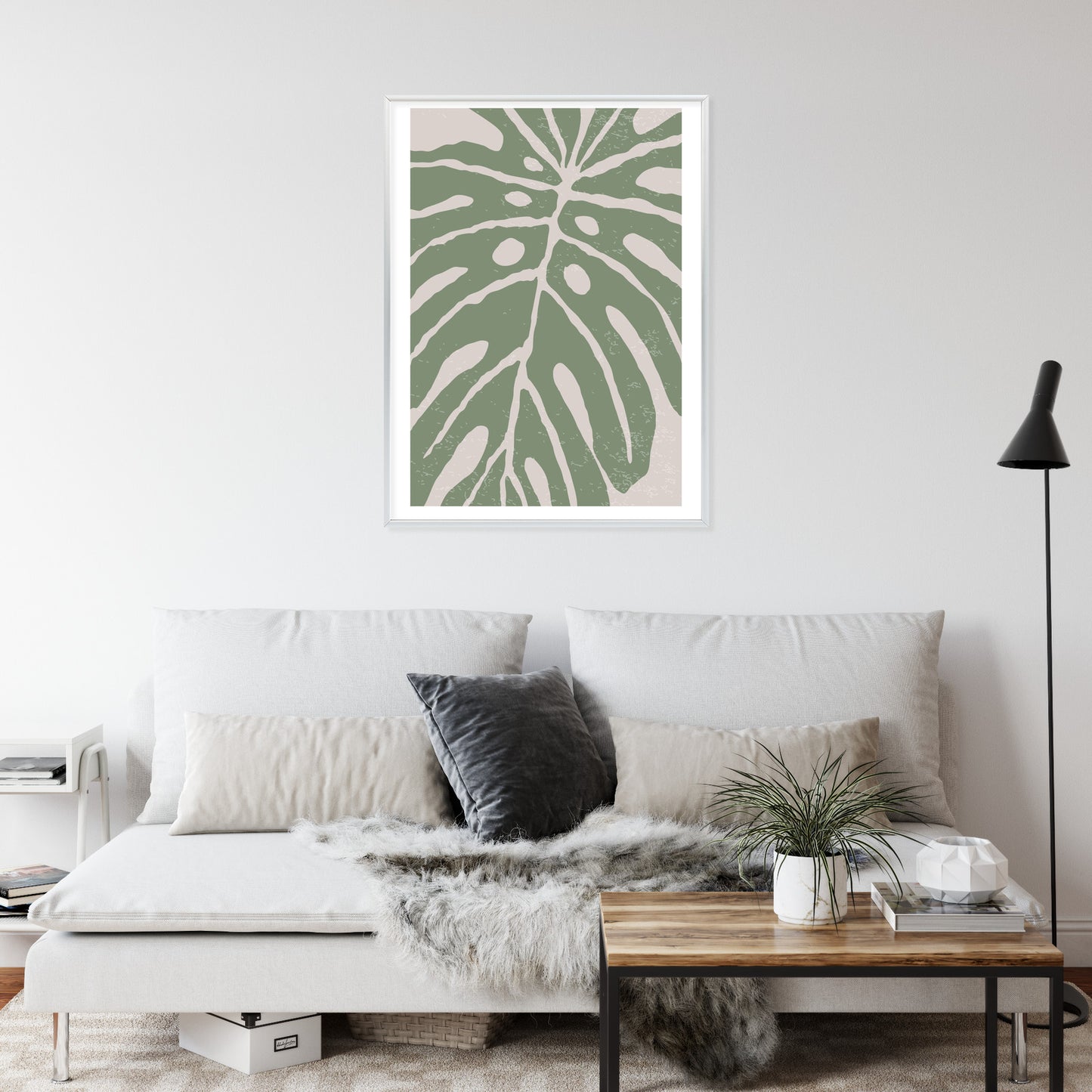 Poster Grünes Monstera-Blatt Rahmen Holz Mit Passepartout Farbe Natürlich