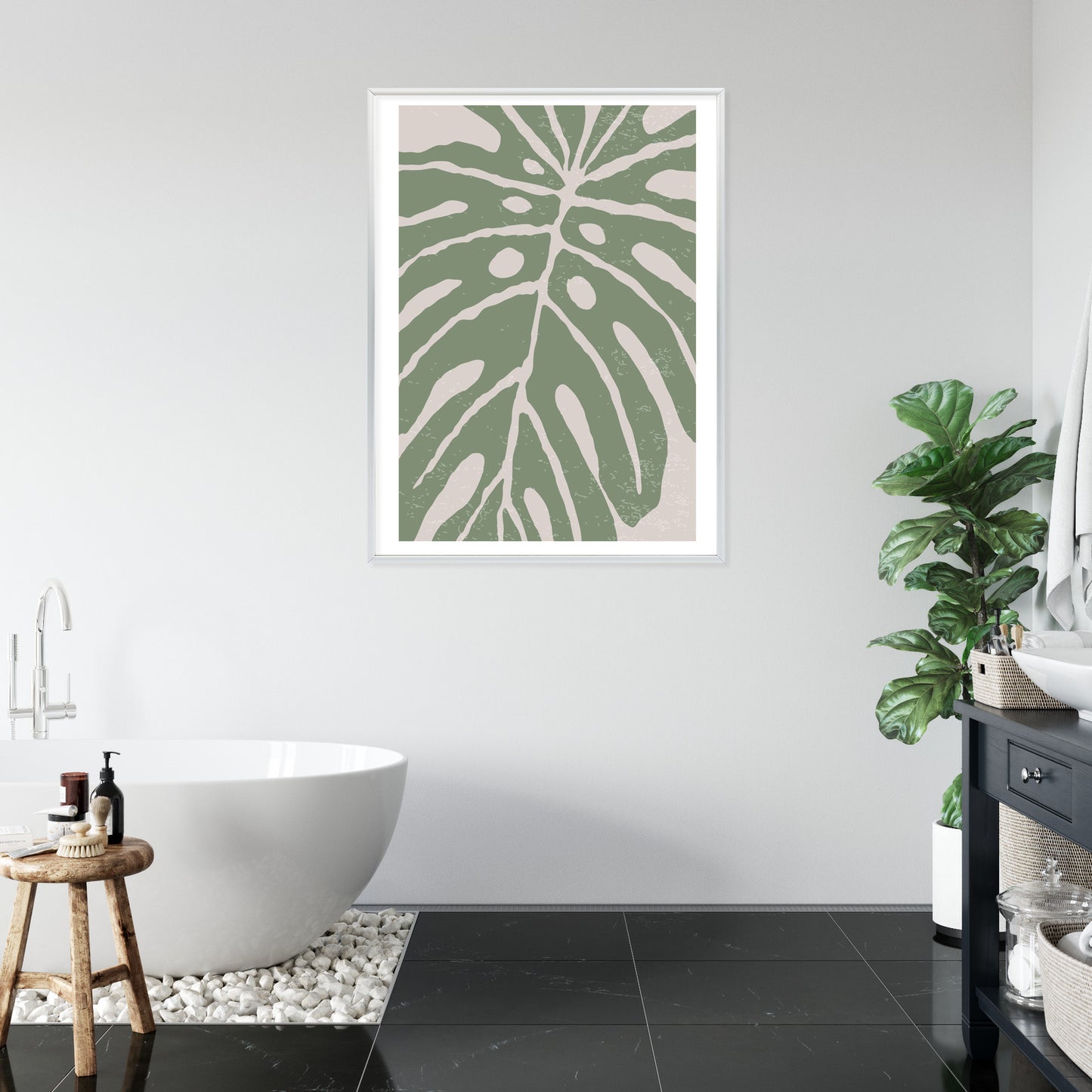 Poster Grünes Monstera-Blatt Rahmen Holz Mit Passepartout Farbe Natürlich