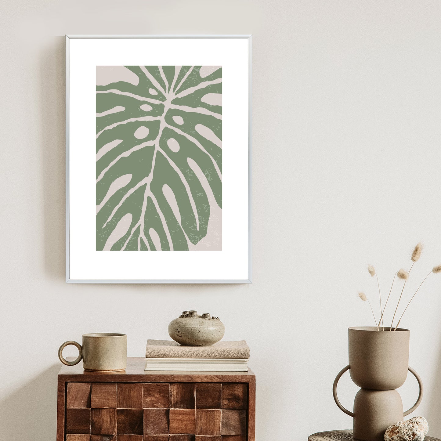 Poster Grünes Monstera-Blatt Rahmen Holz Mit Passepartout Farbe Natürlich