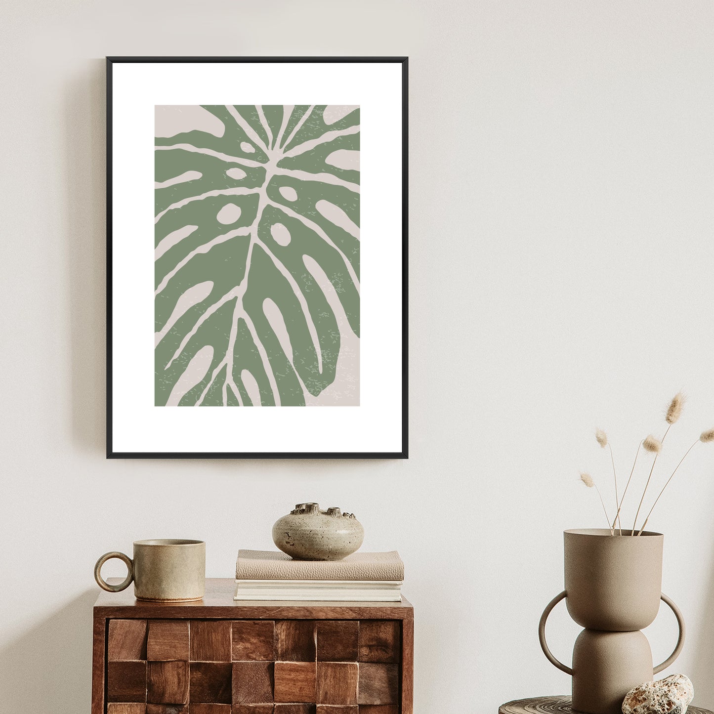 Poster Grünes Monstera-Blatt Rahmen Holz Mit Passepartout Farbe Natürlich