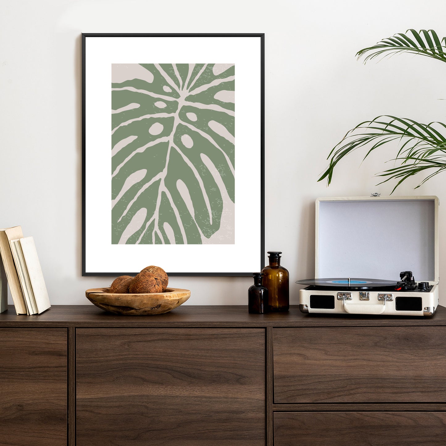 Poster Grünes Monstera-Blatt Rahmen Holz Mit Passepartout Farbe Natürlich