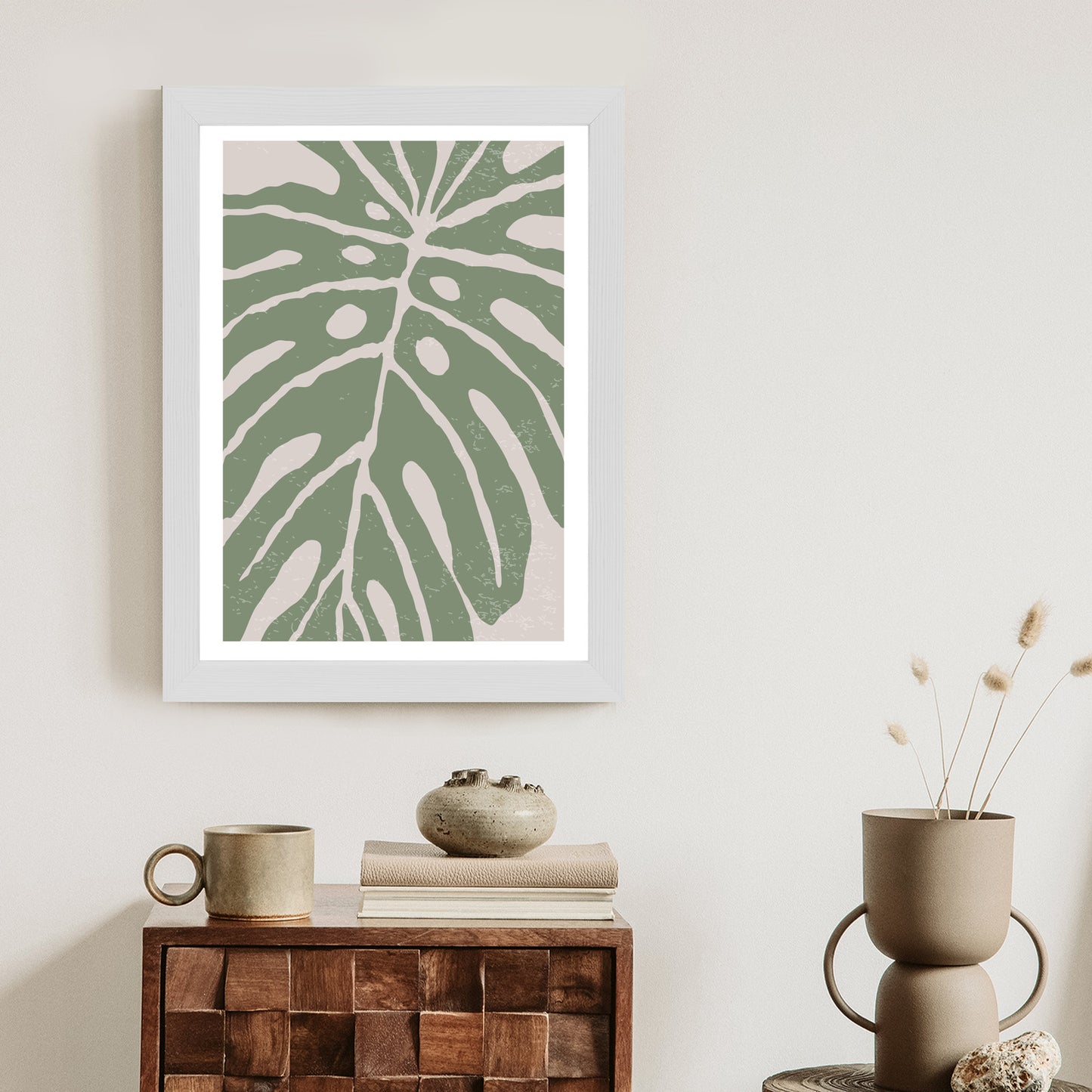 Poster Grünes Monstera-Blatt Rahmen Holz Mit Passepartout Farbe Natürlich