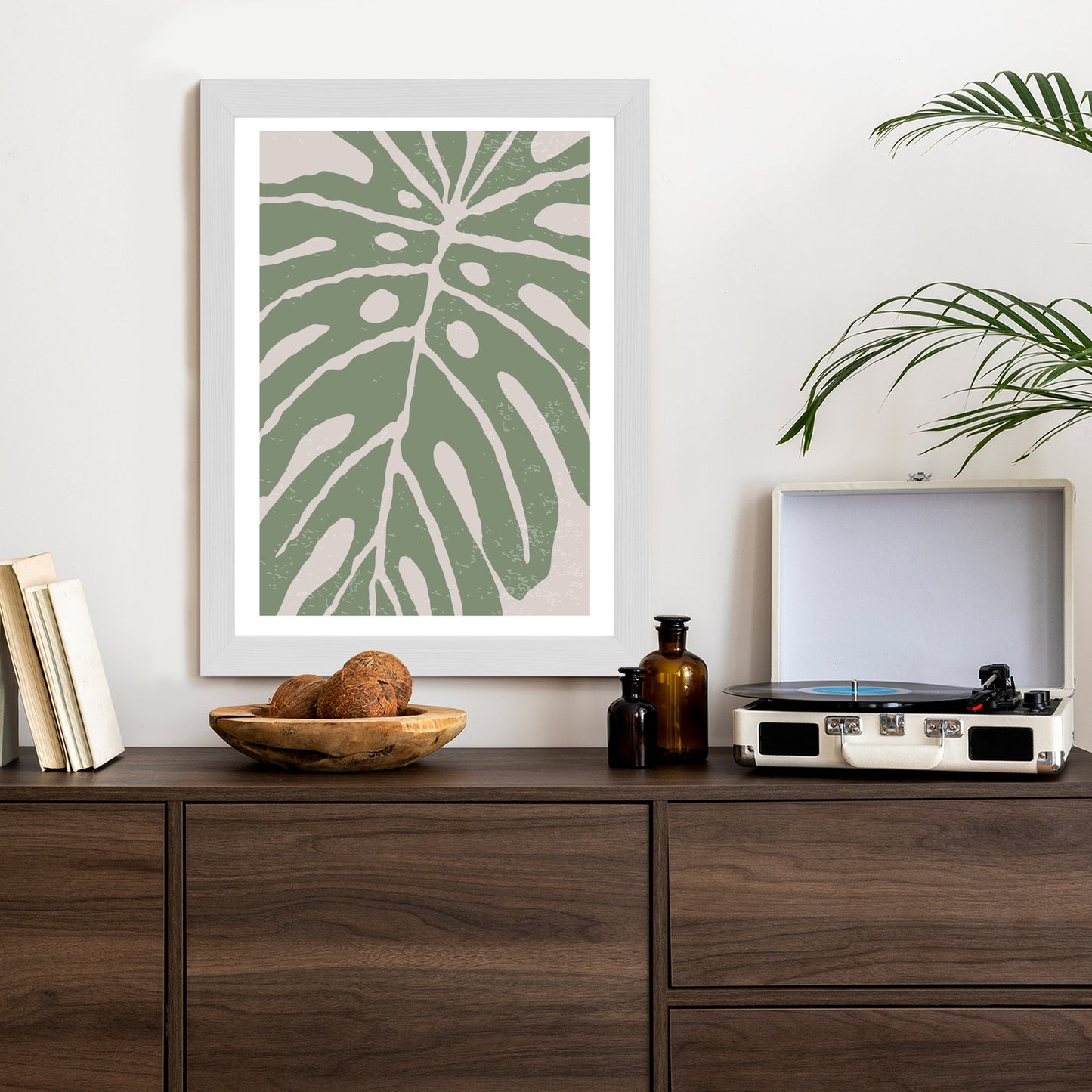 Poster Grünes Monstera-Blatt Rahmen Holz Mit Passepartout Farbe Natürlich