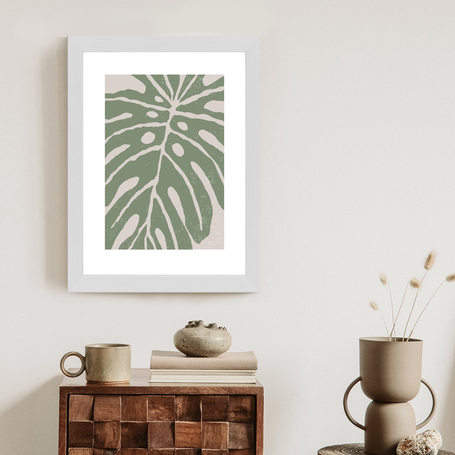 Poster Grünes Monstera-Blatt Rahmen Holz Mit Passepartout Farbe Natürlich