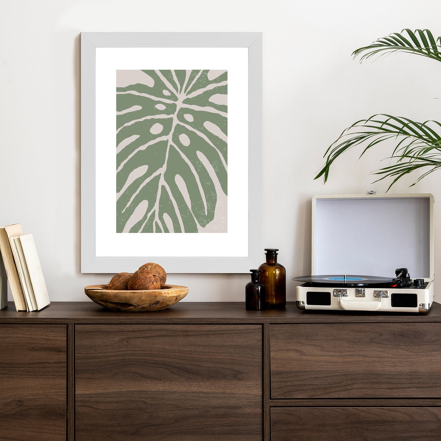 Poster Grünes Monstera-Blatt Rahmen Holz Mit Passepartout Farbe Natürlich