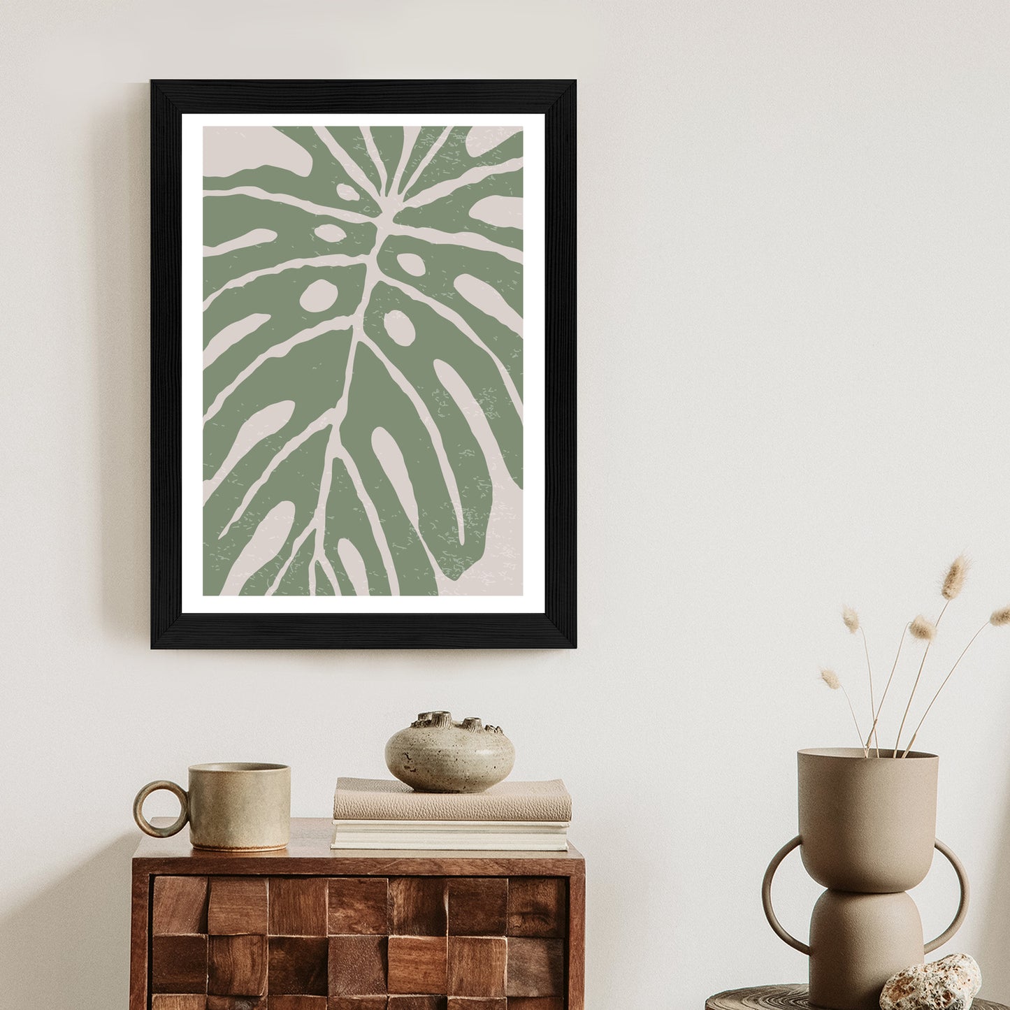 Poster Grünes Monstera-Blatt Rahmen Holz Mit Passepartout Farbe Natürlich