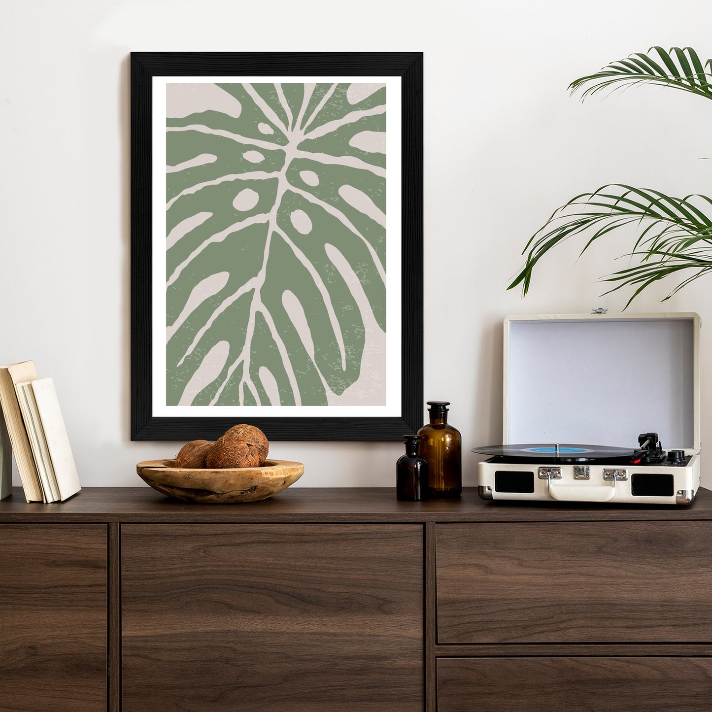 Poster Grünes Monstera-Blatt Rahmen Holz Mit Passepartout Farbe Natürlich