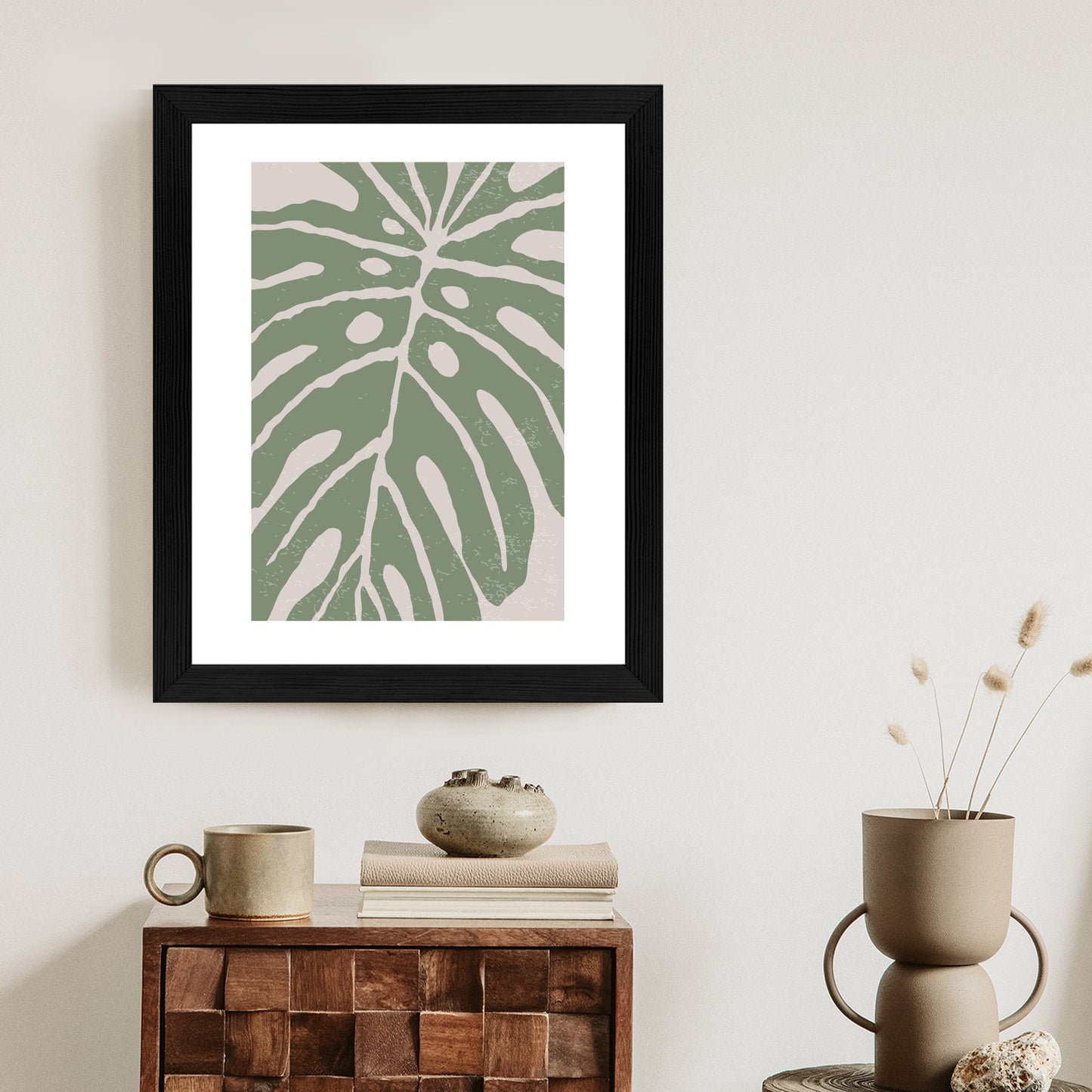 Poster Grünes Monstera-Blatt Rahmen Holz Mit Passepartout Farbe Natürlich