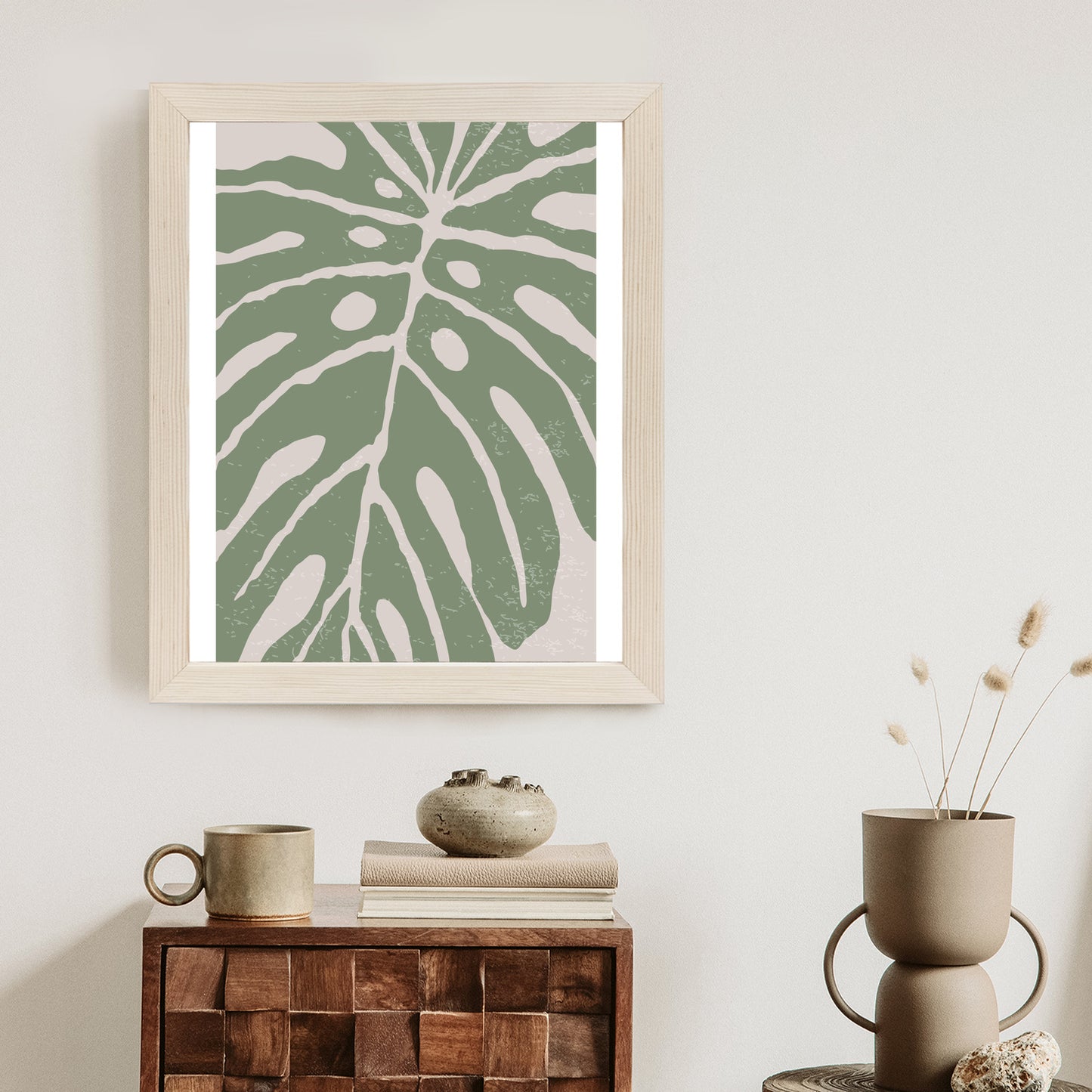 Poster Grünes Monstera-Blatt Rahmen Holz Mit Passepartout Farbe Natürlich