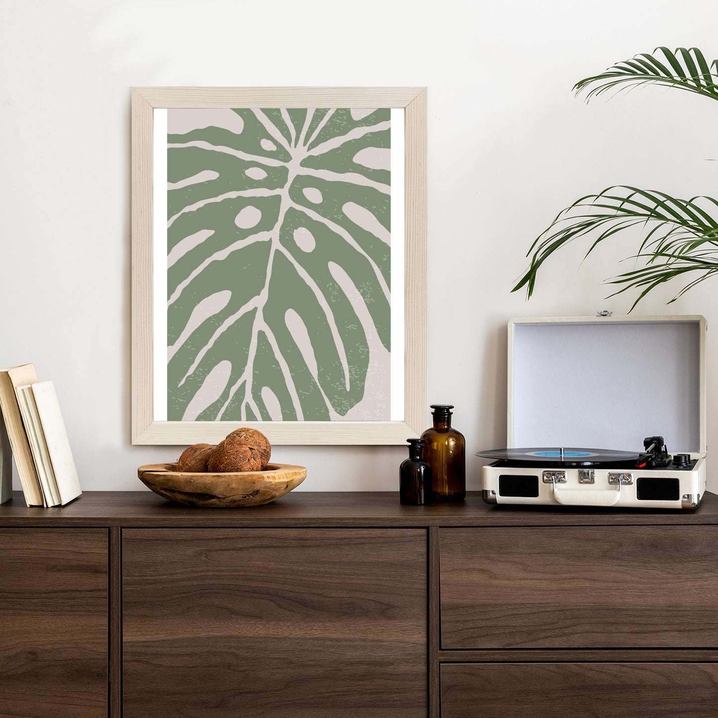 Poster Grünes Monstera-Blatt Rahmen Holz Mit Passepartout Farbe Natürlich