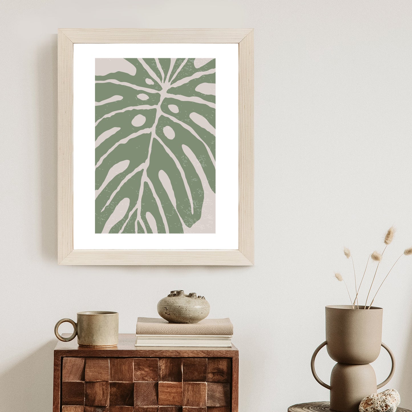 Poster Grünes Monstera-Blatt Rahmen Holz Mit Passepartout Farbe Natürlich