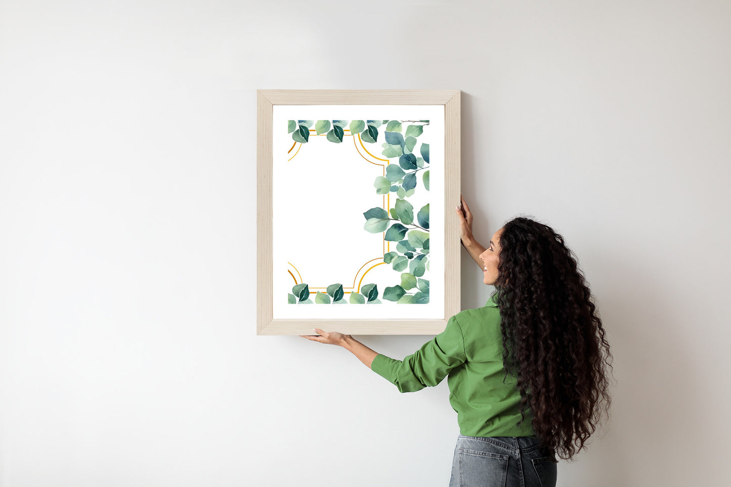 Poster Grüne Blätter In Einem Goldenen Rahmen Rahmen Holz Mit Passepartout Farbe Natürlich