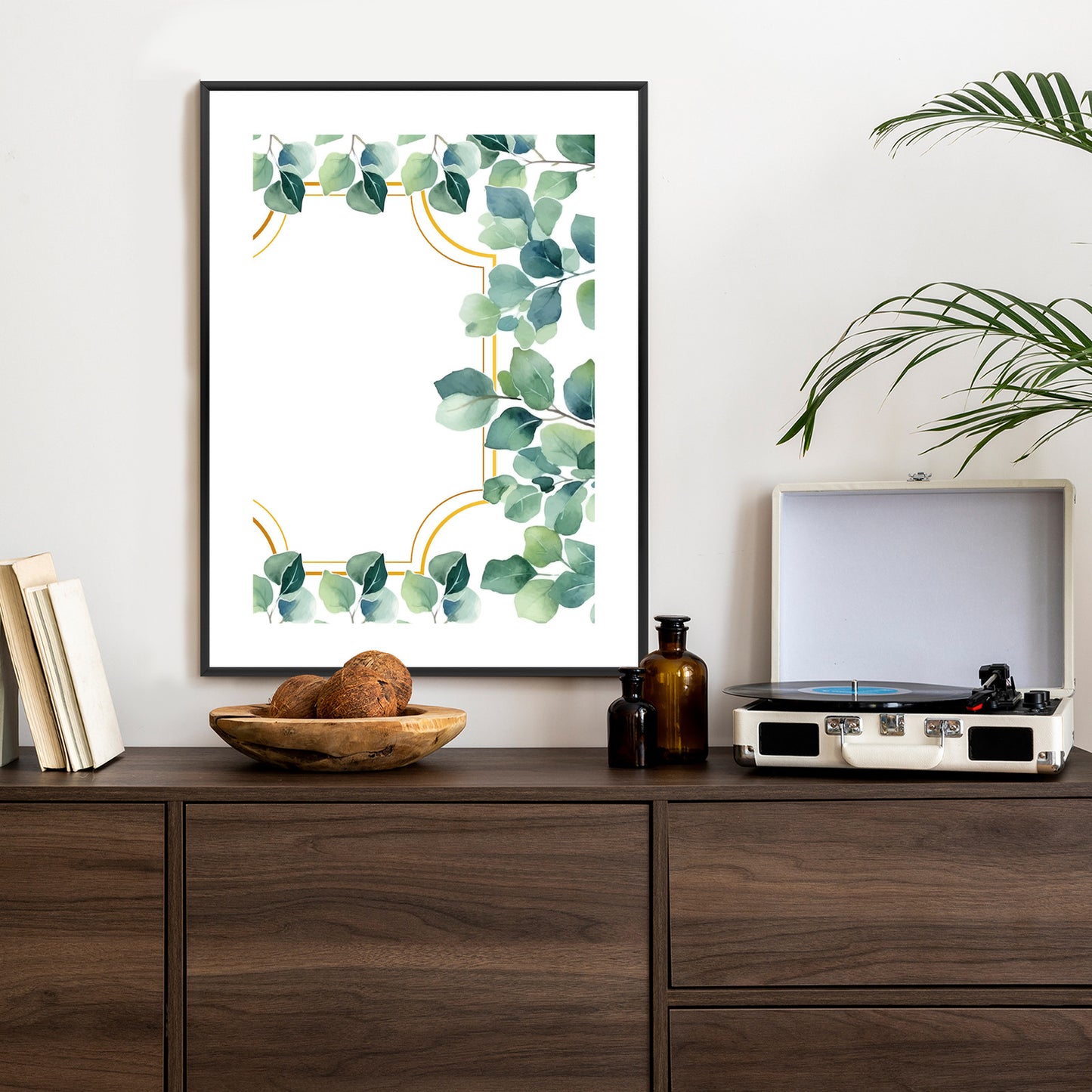 Poster Grüne Blätter In Einem Goldenen Rahmen Rahmen Holz Mit Passepartout Farbe Natürlich