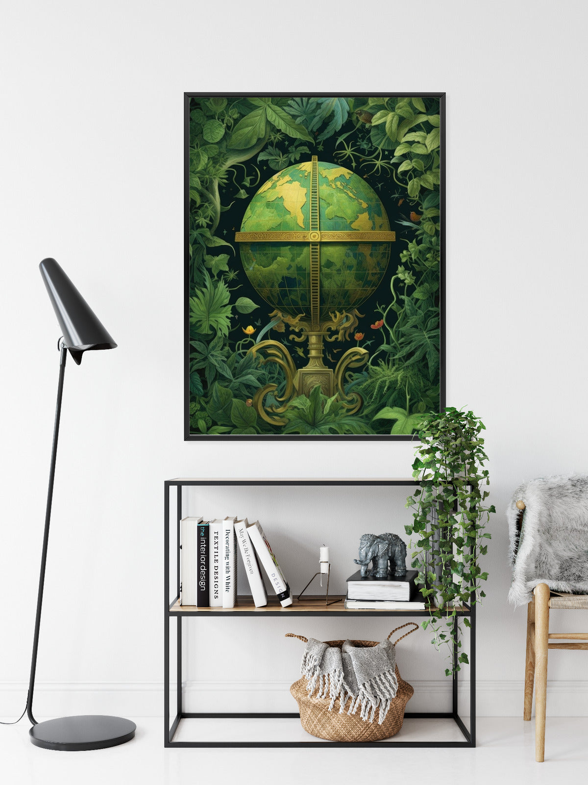 Poster Globus Mit Grünen Blättern Als Symbol Der Natur Rahmen Hölzern Farbe Weiß