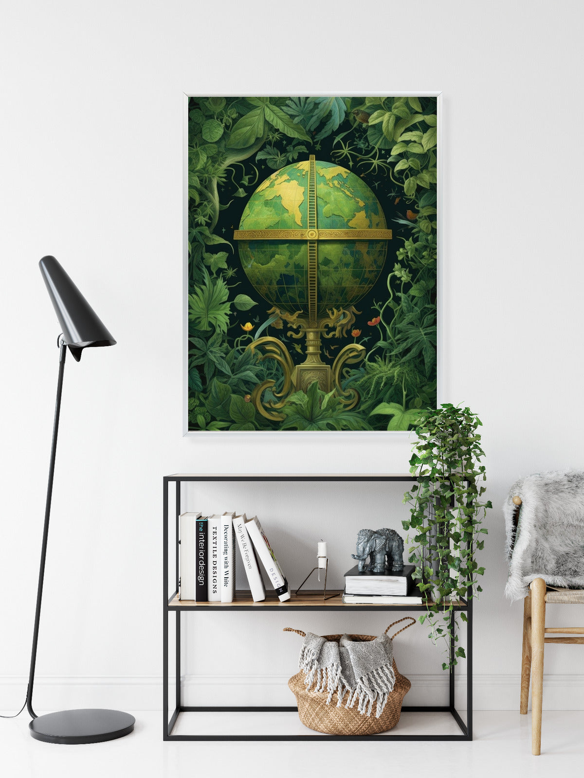 Poster Globus Mit Grünen Blättern Als Symbol Der Natur Rahmen Hölzern Farbe Weiß