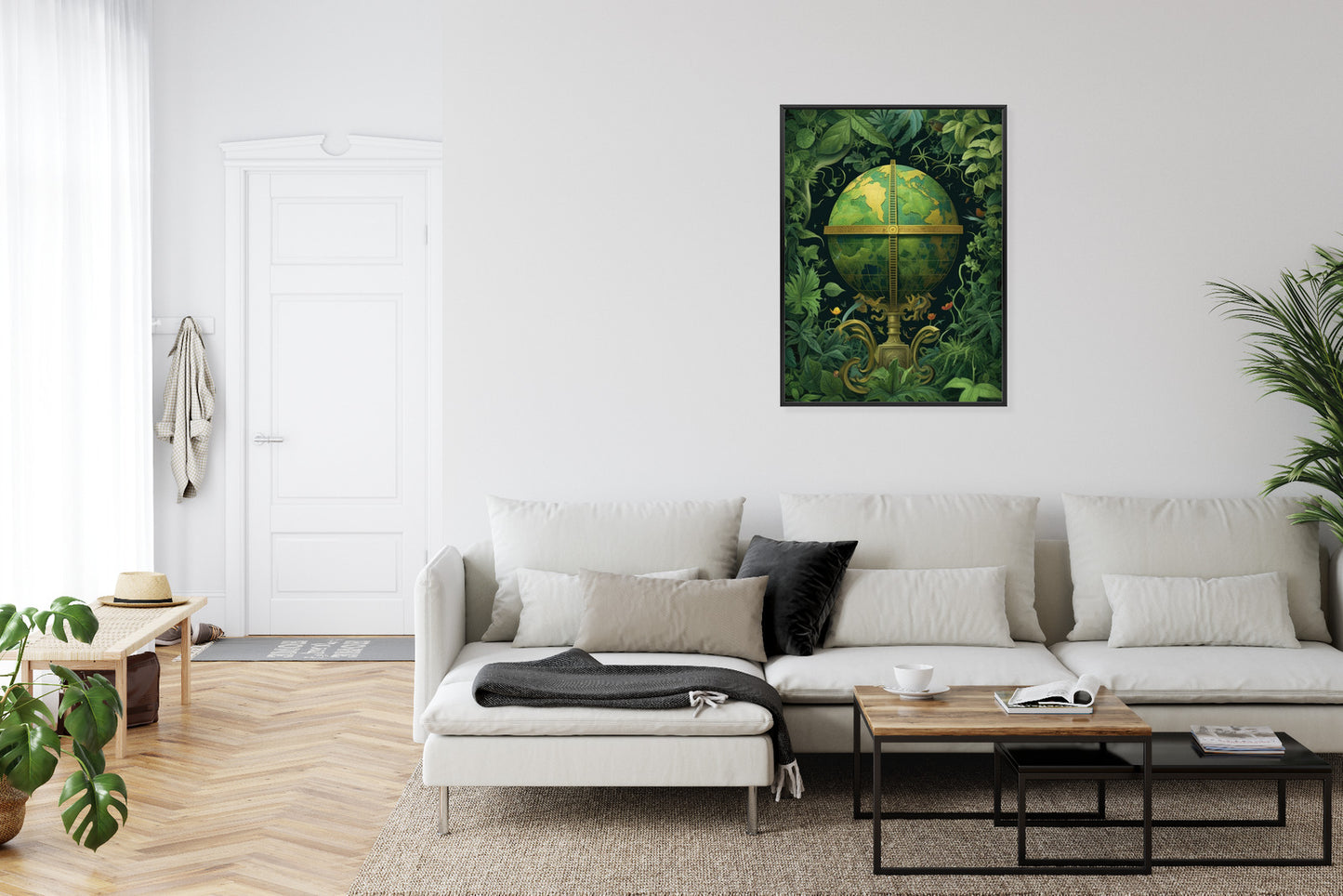 Poster Globus Mit Grünen Blättern Als Symbol Der Natur Rahmen Hölzern Farbe Weiß