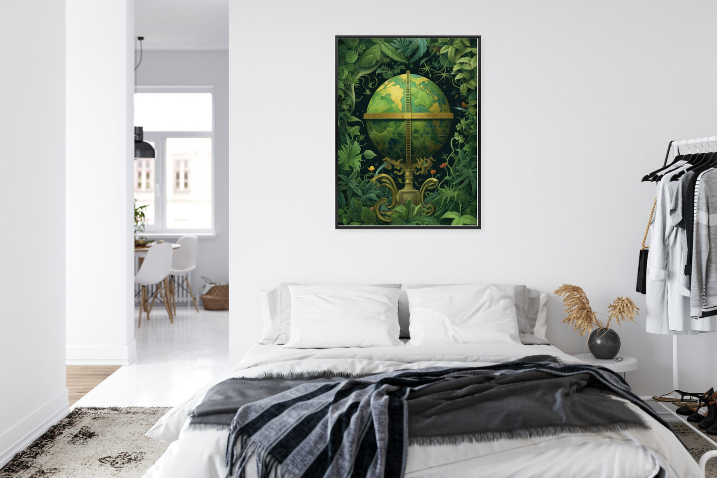 Poster Globus Mit Grünen Blättern Als Symbol Der Natur Rahmen Hölzern Farbe Weiß