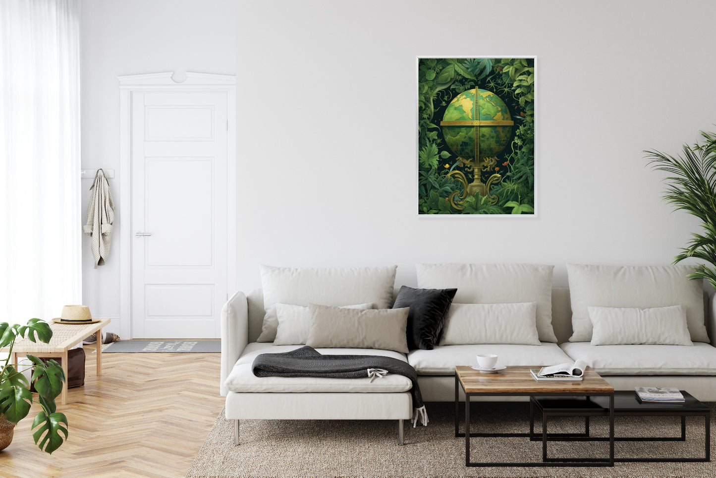 Poster Globus Mit Grünen Blättern Als Symbol Der Natur Rahmen Hölzern Farbe Weiß