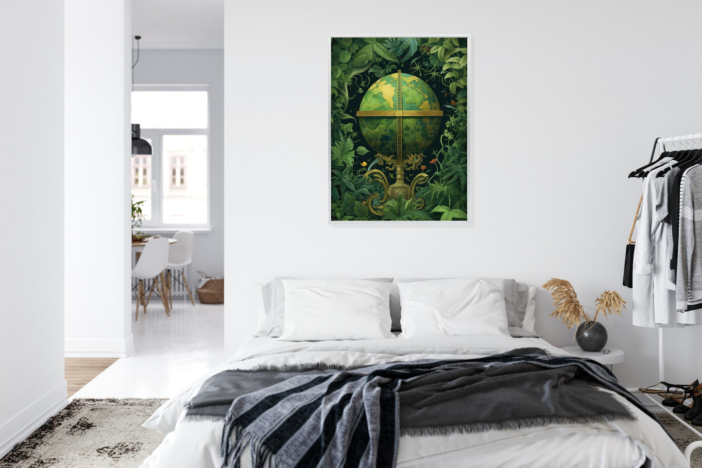 Poster Globus Mit Grünen Blättern Als Symbol Der Natur Rahmen Hölzern Farbe Weiß