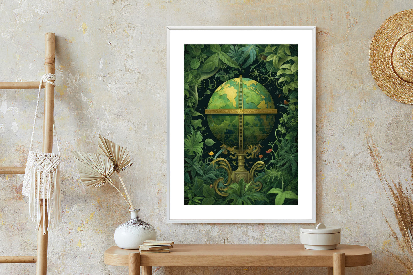 Poster Globus Mit Grünen Blättern Als Symbol Der Natur Rahmen Hölzern Farbe Weiß