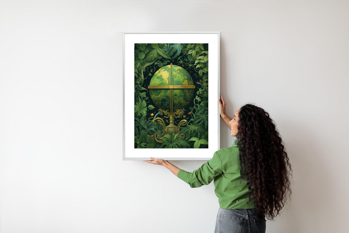 Poster Globus Mit Grünen Blättern Als Symbol Der Natur Rahmen Hölzern Farbe Weiß