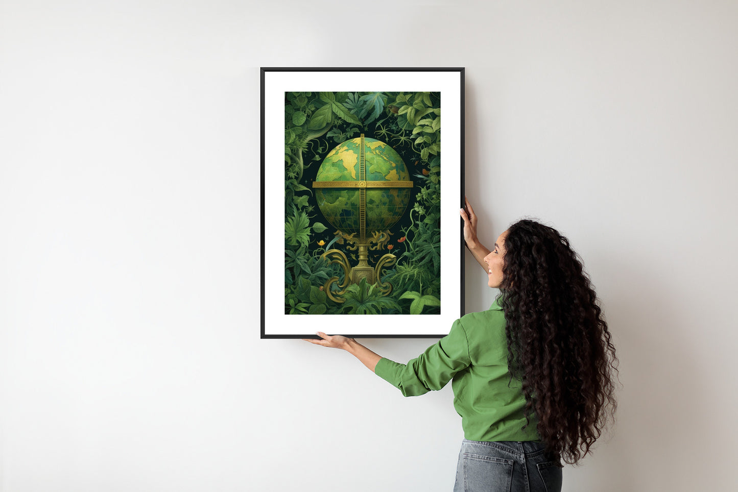 Poster Globus Mit Grünen Blättern Als Symbol Der Natur Rahmen Hölzern Farbe Weiß