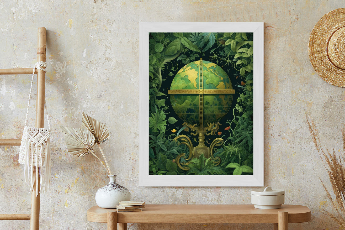 Poster Globus Mit Grünen Blättern Als Symbol Der Natur Rahmen Hölzern Farbe Weiß