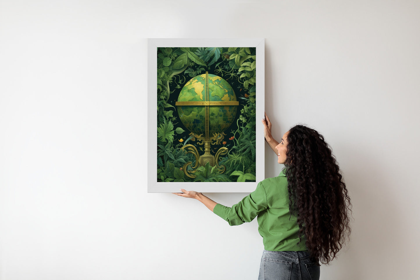 Poster Globus Mit Grünen Blättern Als Symbol Der Natur Rahmen Hölzern Farbe Weiß