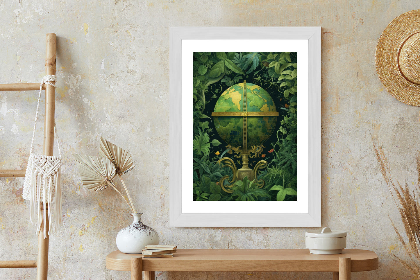 Poster Globus Mit Grünen Blättern Als Symbol Der Natur Rahmen Hölzern Farbe Weiß