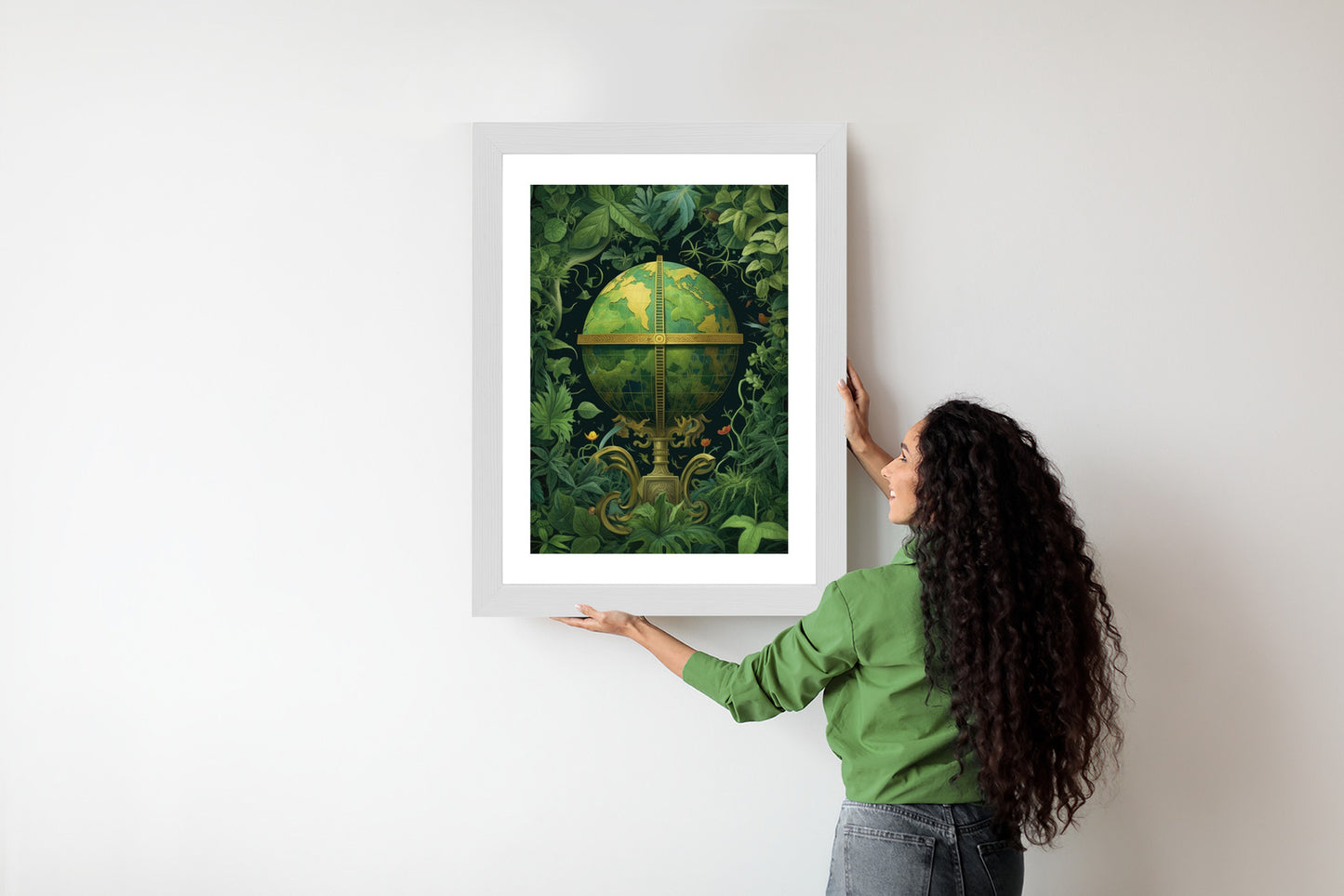 Poster Globus Mit Grünen Blättern Als Symbol Der Natur Rahmen Hölzern Farbe Weiß
