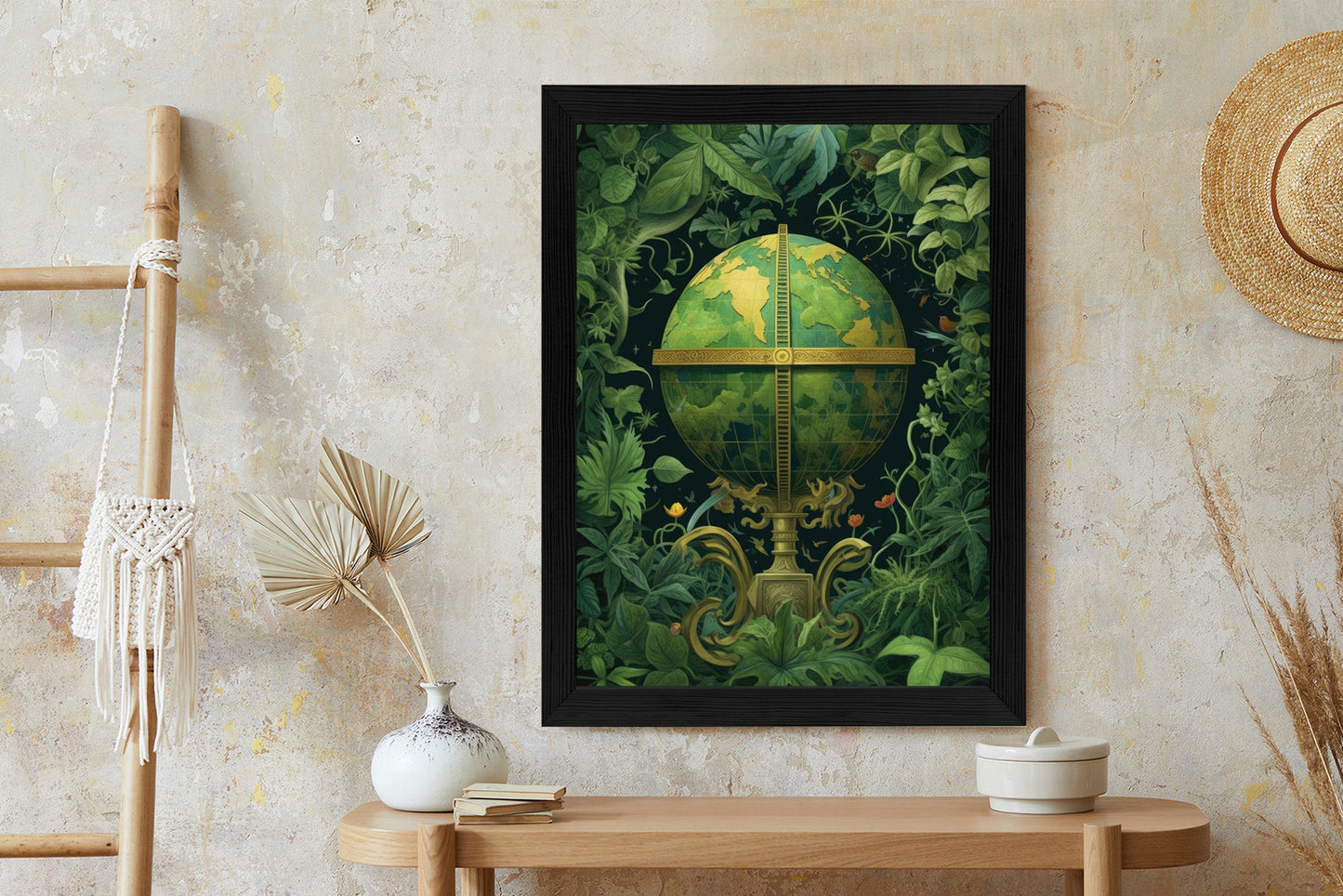 Poster Globus Mit Grünen Blättern Als Symbol Der Natur Rahmen Hölzern Farbe Weiß
