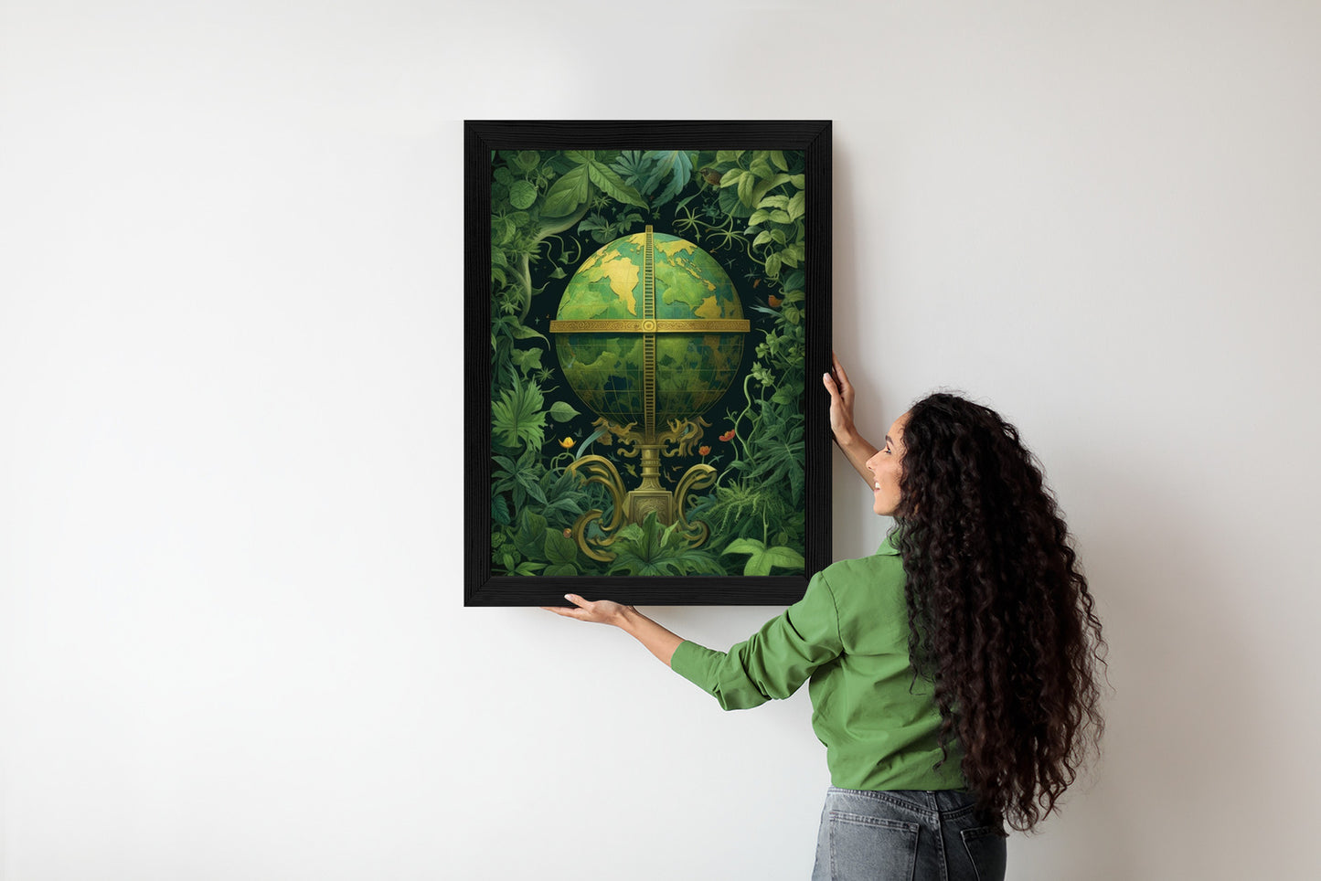 Poster Globus Mit Grünen Blättern Als Symbol Der Natur Rahmen Hölzern Farbe Weiß