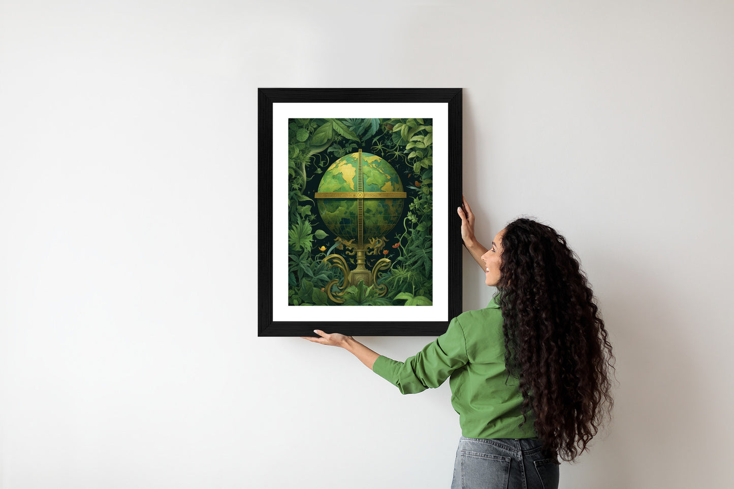 Poster Globus Mit Grünen Blättern Als Symbol Der Natur Rahmen Hölzern Farbe Weiß