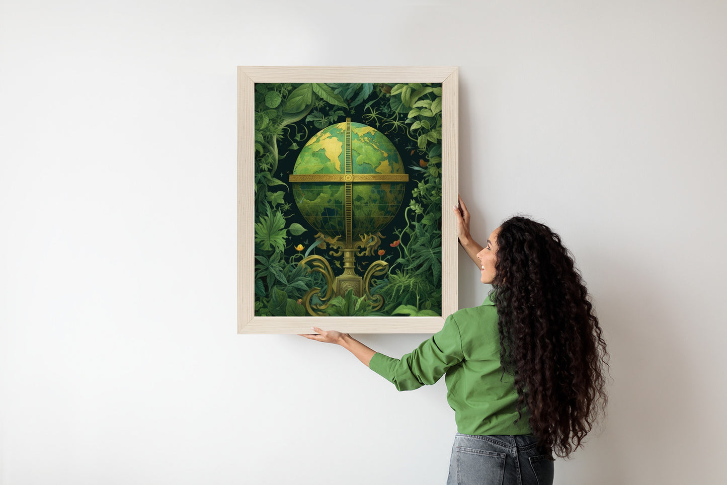 Poster Globus Mit Grünen Blättern Als Symbol Der Natur Rahmen Hölzern Farbe Weiß