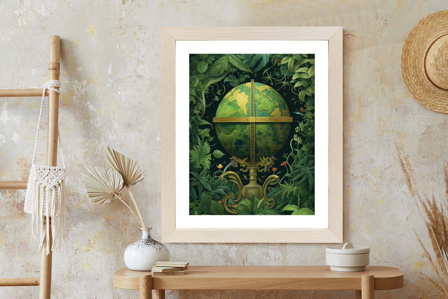 Poster Globus Mit Grünen Blättern Als Symbol Der Natur Rahmen Hölzern Farbe Weiß