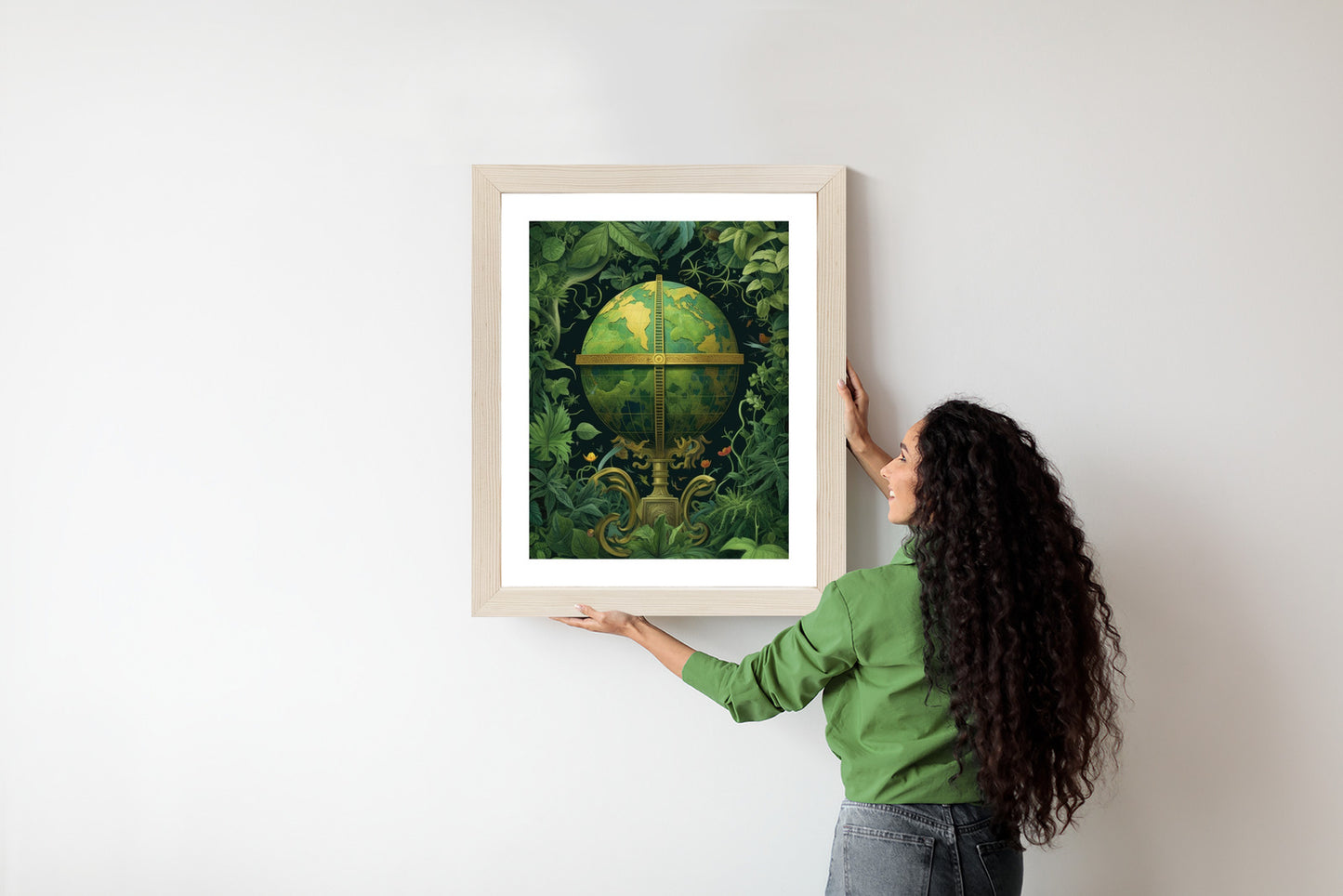 Poster Globus Mit Grünen Blättern Als Symbol Der Natur Rahmen Hölzern Farbe Weiß