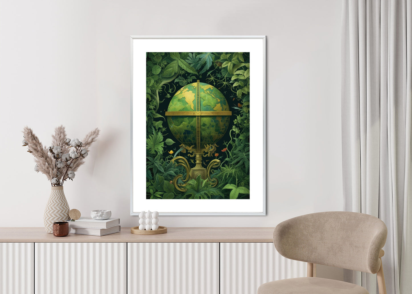 Poster Globus Mit Grünen Blättern Als Symbol Der Natur Rahmen Hölzern Farbe Weiß