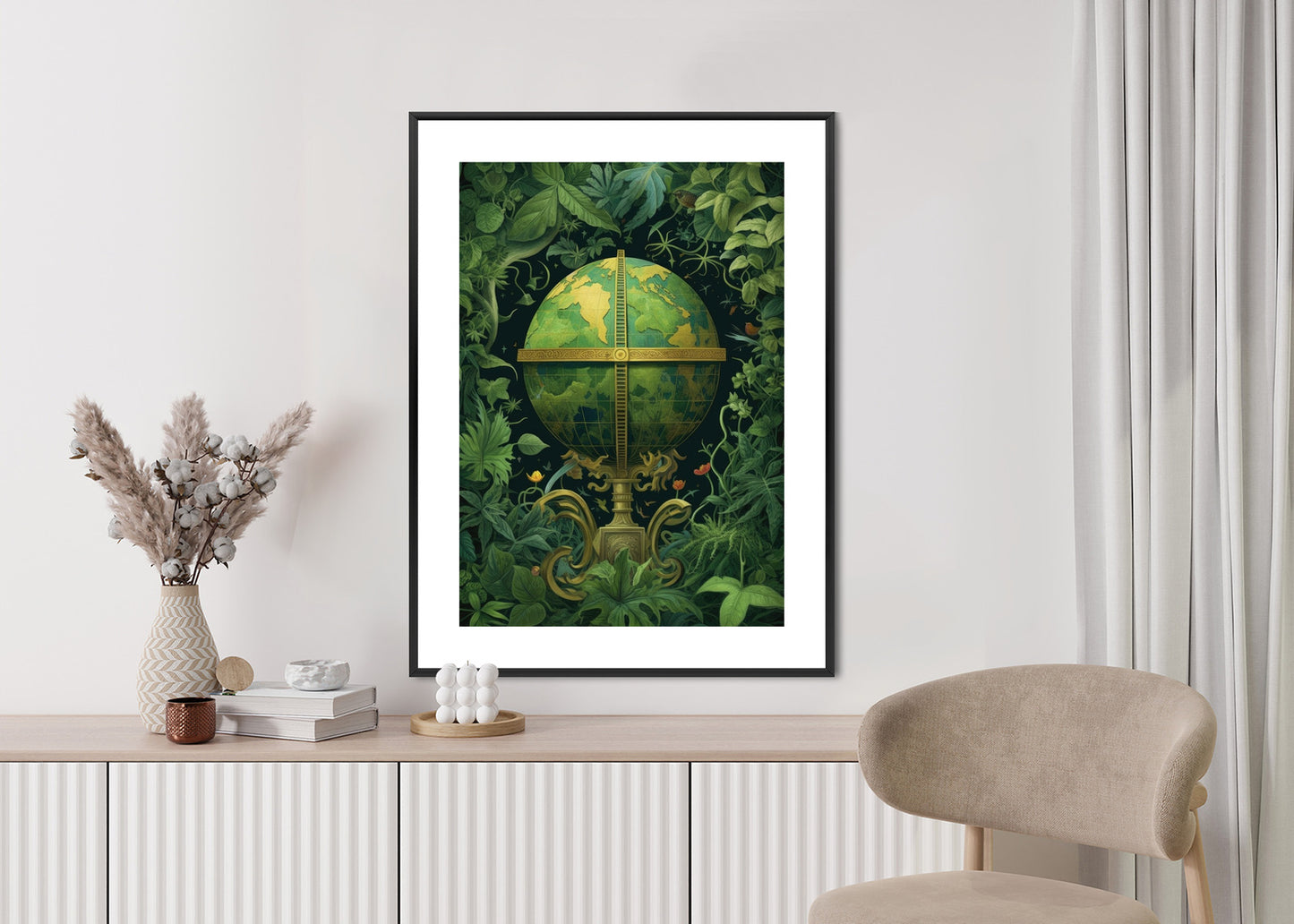 Poster Globus Mit Grünen Blättern Als Symbol Der Natur Rahmen Hölzern Farbe Weiß