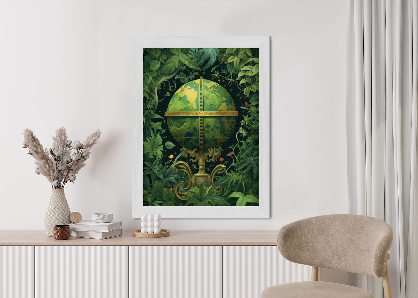 Poster Globus Mit Grünen Blättern Als Symbol Der Natur Rahmen Hölzern Farbe Weiß