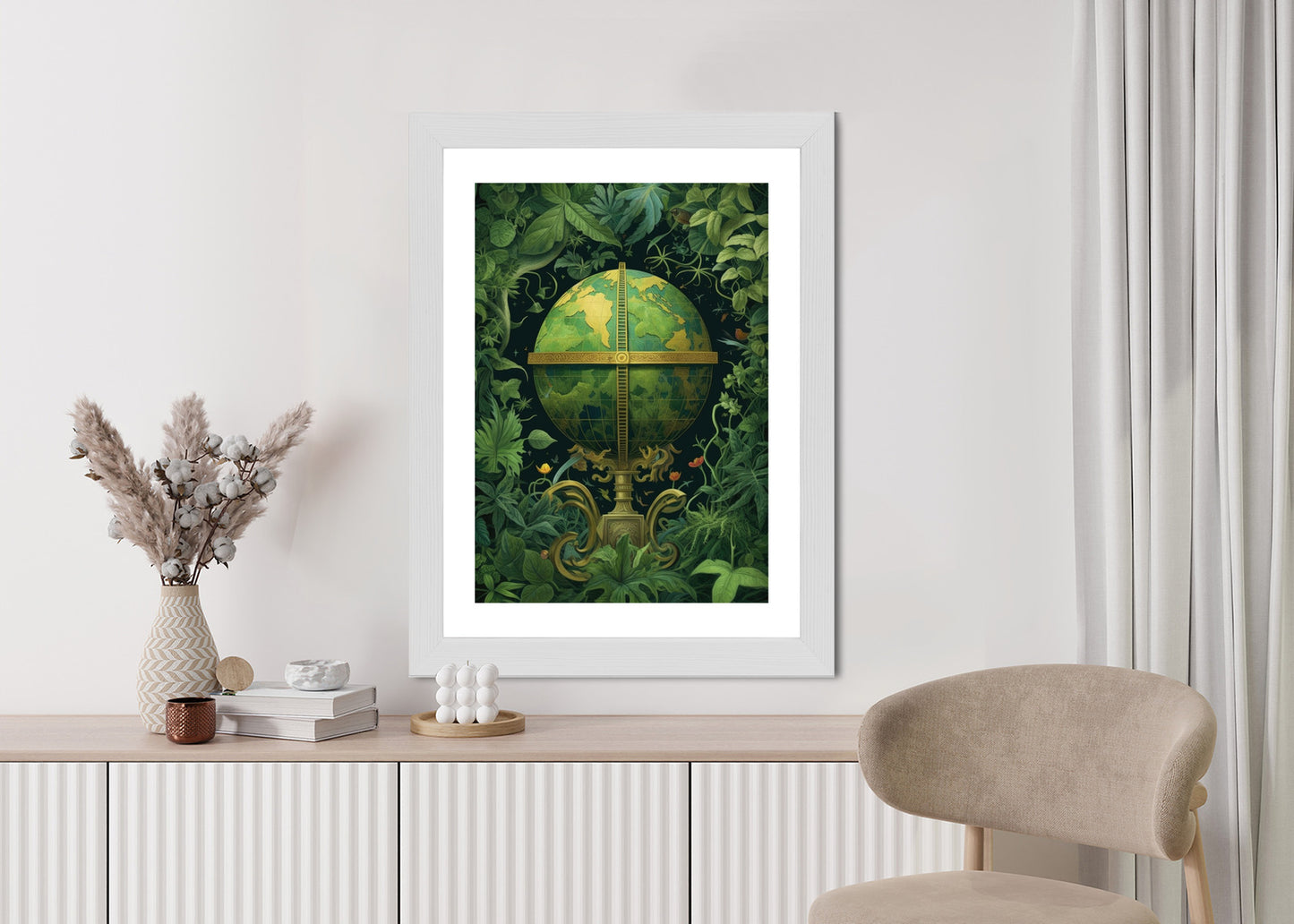 Poster Globus Mit Grünen Blättern Als Symbol Der Natur Rahmen Hölzern Farbe Weiß