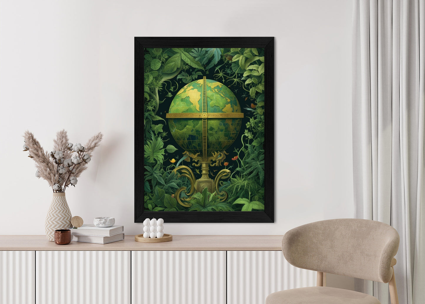 Poster Globus Mit Grünen Blättern Als Symbol Der Natur Rahmen Hölzern Farbe Weiß