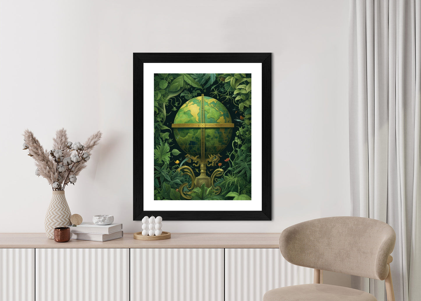 Poster Globus Mit Grünen Blättern Als Symbol Der Natur Rahmen Hölzern Farbe Weiß